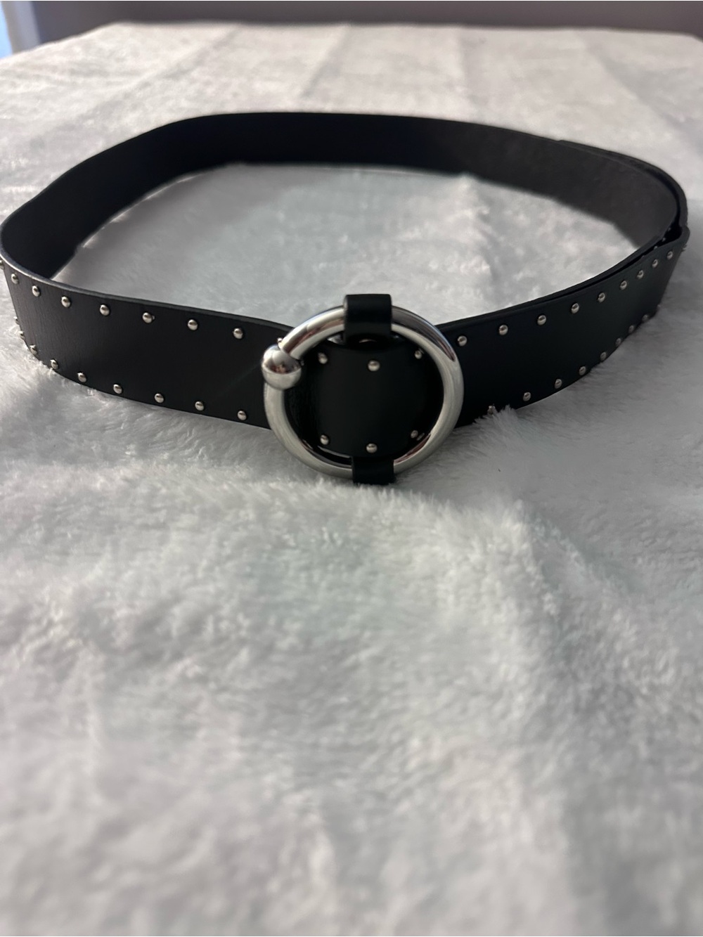 Rebecca Minkoff Black Leather Studded Belt with Silver Ring Buckle